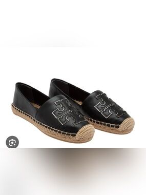 Tory Burch Black Leather Logo Espadrille Slip-Ons
